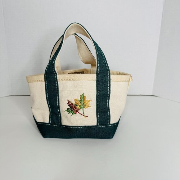 L.L. Bean Handbags - LL Bean Boat and Tote Mini Canvas Tote Bag Green Straps Leaf Embroidery 7C274 Co